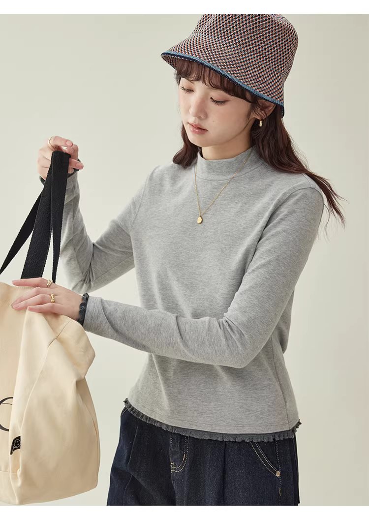 拼接螺紋邊半高領厚T恤女冬季新款灰色內搭上衣,拼接螺紋邊半高領厚T恤女冬季新款灰色內搭上衣,HBEW1143,拼接螺紋邊半高領厚T恤女冬季新款灰色內搭上衣,半高領,舒適面料