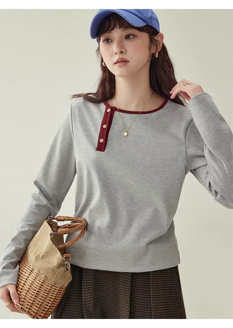 撞色斜領內搭長袖T恤女25冬季新款簡約寬鬆上衣,撞色斜領內搭長袖T恤女25冬季新款簡約寬鬆上衣,HBEW1145,撞色斜領內搭長袖T恤女25冬季新款簡約寬鬆上衣,側排扣,舒適面料