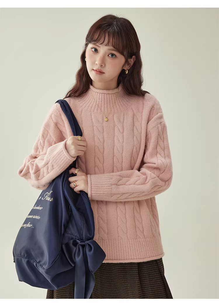 減齡粉紅高領麻花毛衣女25冬季新款捲邊長袖上衣,減齡粉紅高領麻花毛衣女25冬季新款捲邊長袖上衣,HBEW1146,減齡粉紅高領麻花毛衣女25冬季新款捲邊長袖上衣,高領毛衣,麻花針織