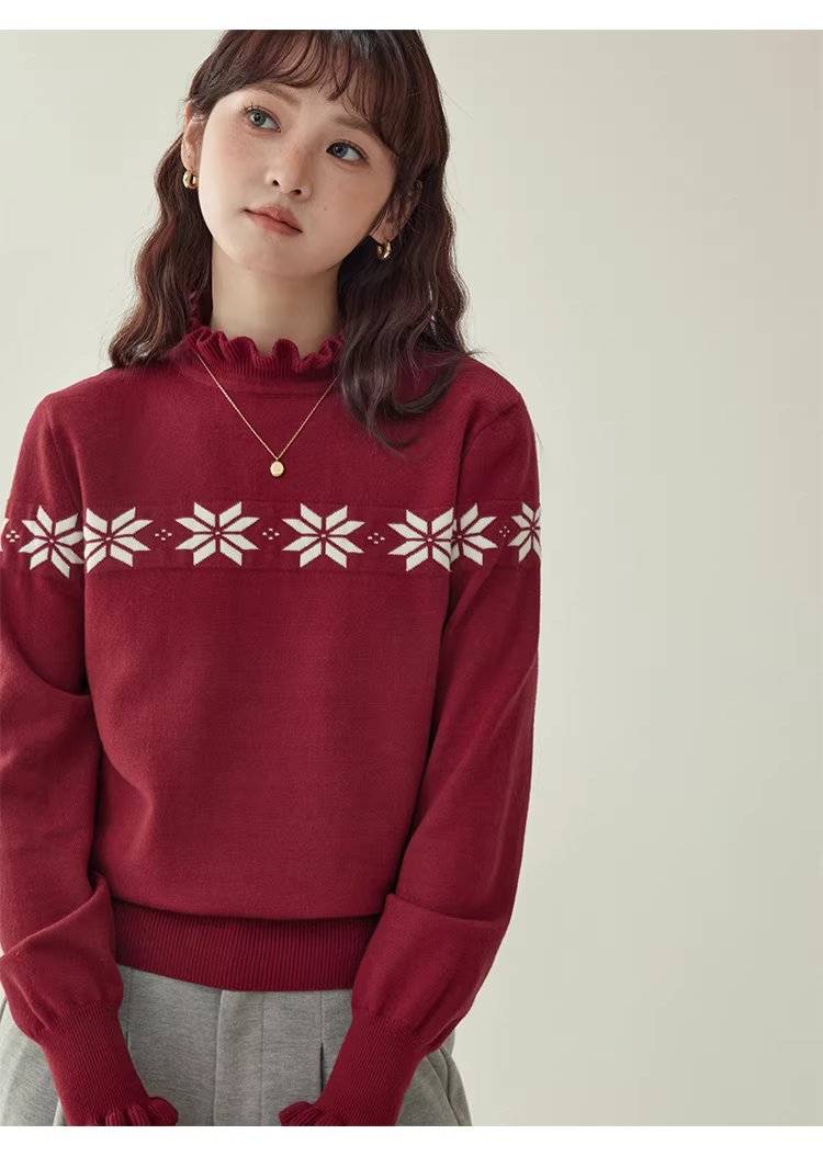 減齡紅色木耳邊雪花針織衫女冬新款內搭長袖上衣,減齡紅色木耳邊雪花針織衫女冬新款內搭長袖上衣,HBEW1152,減齡紅色木耳邊雪花針織衫女冬新款內搭長袖上衣,木耳邊,雪花針織