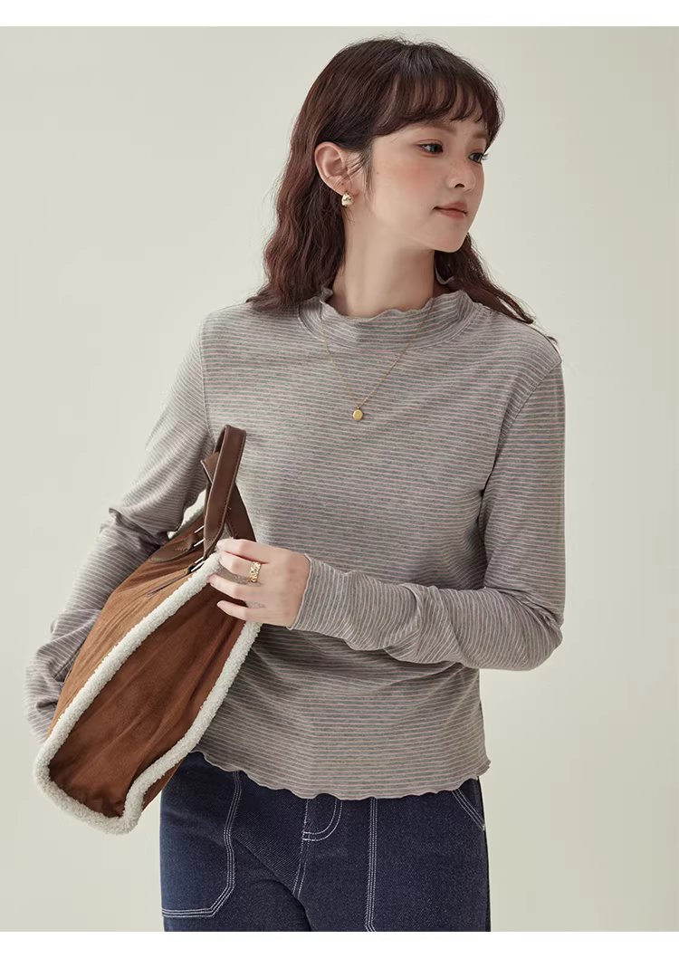 花邊半高領內搭T恤女冬季新款百搭條紋長袖上衣,花邊半高領內搭T恤女冬季新款百搭條紋長袖上衣,HBEW1153,花邊半高領內搭T恤女冬季新款百搭條紋長袖上衣,木耳邊,條紋造型
