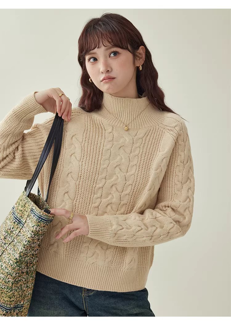 韓系杏色麻花高領毛衣女25冬季新款寬鬆長袖上衣,韓系杏色麻花高領毛衣女25冬季新款寬鬆長袖上衣,HBEW1156,韓系杏色麻花高領毛衣女25冬季新款寬鬆長袖上衣,高領毛衣,麻花針織