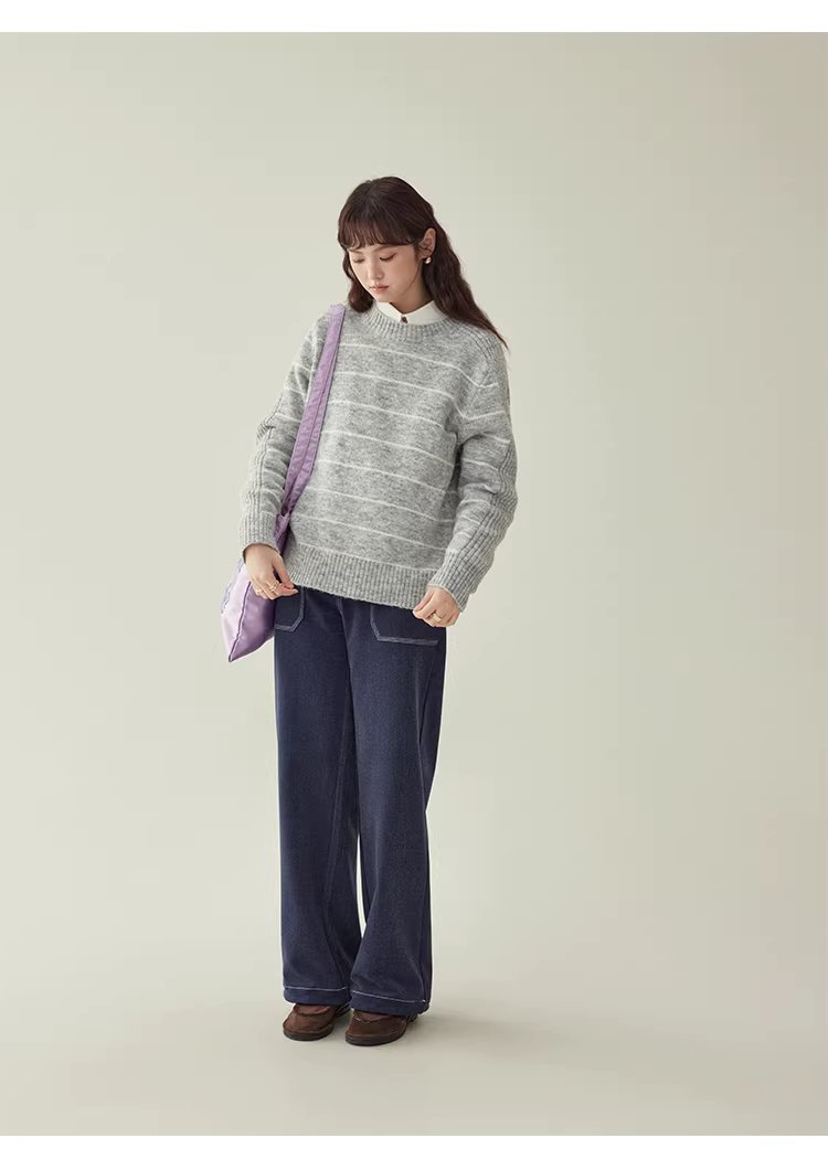 日繫條紋長袖羊毛絨毛衣女冬季新款通勤寬鬆上衣,日繫條紋長袖羊毛絨毛衣女冬季新款通勤寬鬆上衣,HBEW1158,日繫條紋長袖羊毛絨毛衣女冬季新款通勤寬鬆上衣,日系清新,羊毛混紡