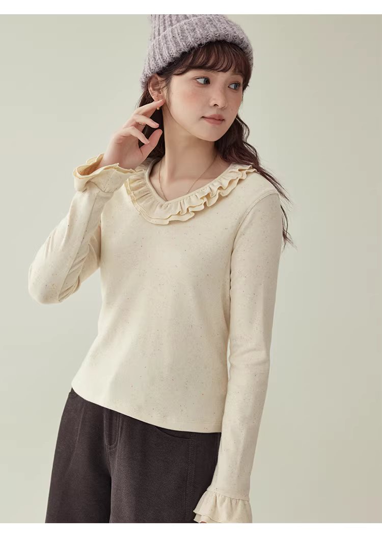 彩點荷葉邊v領厚T恤女冬季新款甜美打底長袖上衣,彩點荷葉邊v領厚T恤女冬季新款甜美打底長袖上衣,HBEW1186,彩點荷葉邊v領厚T恤女冬季新款甜美打底長袖上衣,荷葉邊領,彩點面料