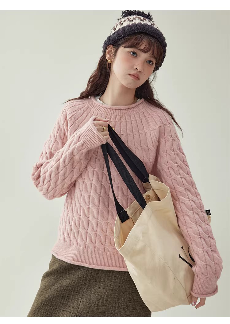 粉紅扭花捲邊長袖毛衣女25冬季新款甜美圓領上衣,粉紅扭花捲邊長袖毛衣女25冬季新款甜美圓領上衣,HBEW1188,粉紅扭花捲邊長袖毛衣女25冬季新款甜美圓領上衣,捲邊衣襬,扭花針織