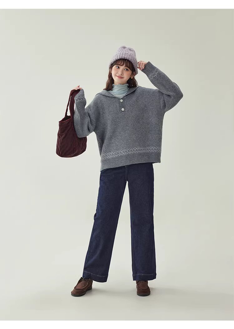 灰色提花海軍領毛衣女冬新款費爾島寬鬆長袖上衣,灰色提花海軍領毛衣女冬新款費爾島寬鬆長袖上衣,HBEW1191,灰色提花海軍領毛衣女冬新款費爾島寬鬆長袖上衣,海軍領,費爾島圖騰