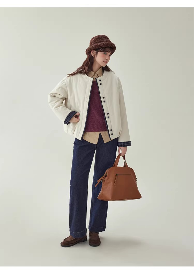 撞色單排扣落肩長袖保暖棉服外套女冬季寬鬆圓領上衣,撞色單排扣落肩長袖保暖棉服外套女冬季寬鬆圓領上衣,HBEW5129,撞色單排扣落肩長袖保暖棉服外套女冬季寬鬆圓領上衣,圓領排扣,格紋拼接