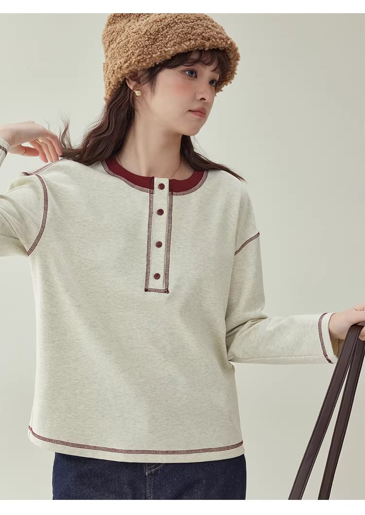 撞色反線落肩袖T恤女冬季新款半開扣圓領上衣,撞色反線落肩袖T恤女冬季新款半開扣圓領上衣,HBEW1192,撞色反線落肩袖T恤女冬季新款半開扣圓領上衣,半開排扣,舒適面料