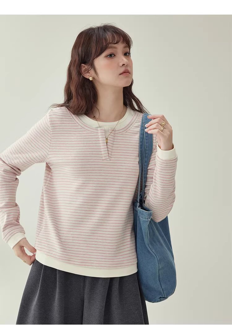 假兩件粉條紋長袖T恤女冬季新款少女感寬鬆上衣,假兩件粉條紋長袖T恤女冬季新款少女感寬鬆上衣,HBEW1197,假兩件粉條紋長袖T恤女冬季新款少女感寬鬆上衣,假兩件式,舒適面料