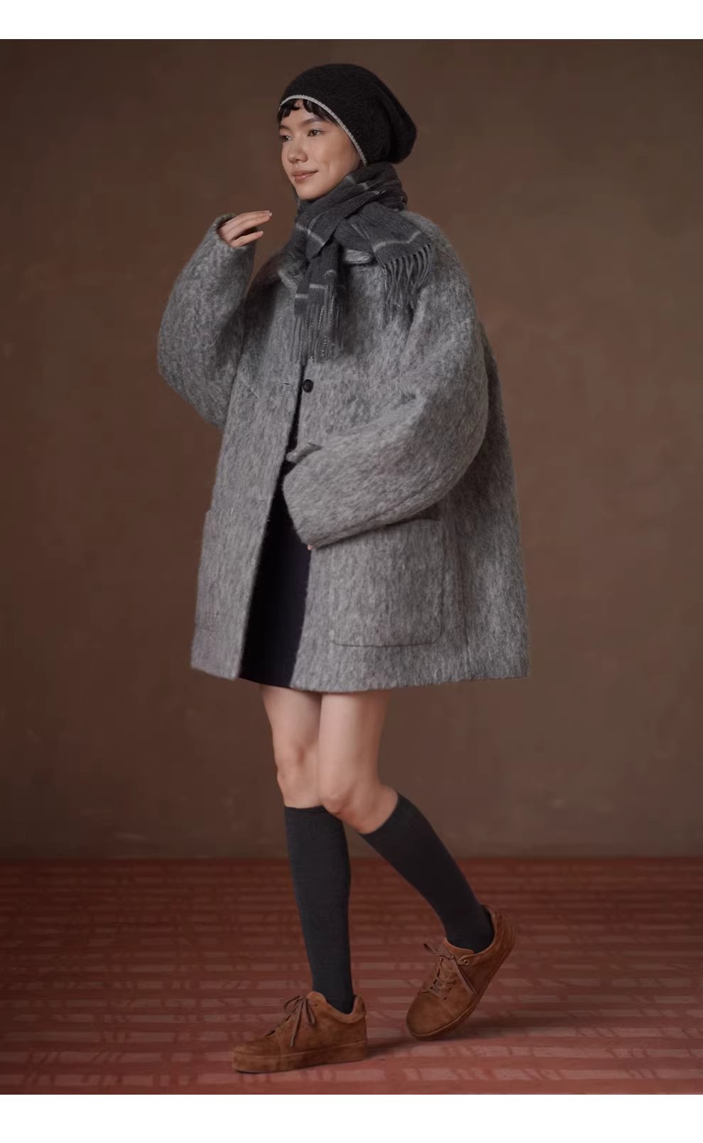 霧嵐星海羊毛混紡雜花灰翻領大衣中長款寬鬆絎棉外套女,霧嵐星海羊毛混紡雜花灰翻領大衣中長款寬鬆絎棉外套女,HBEW5131,霧嵐星海羊毛混紡雜花灰翻領大衣中長款寬鬆絎棉外套女,翻領排扣,羊毛混紡