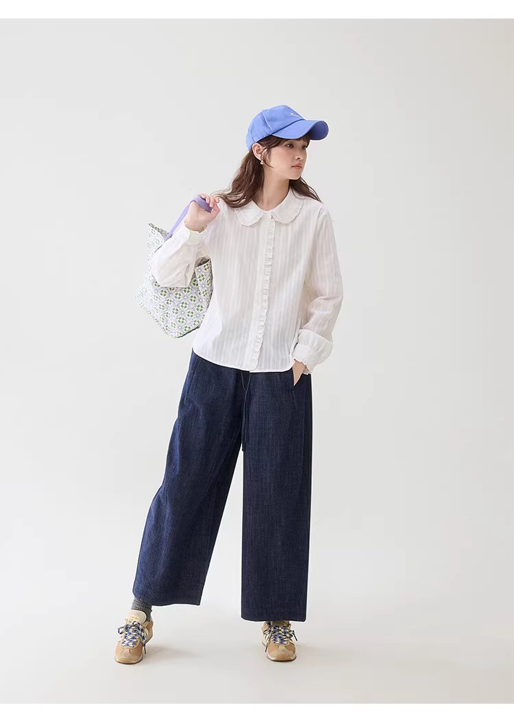 肌理感木耳邊娃娃領襯衫女春季新款純棉長袖上衣,肌理感木耳邊娃娃領襯衫女春季新款純棉長袖上衣,HBFS1003,肌理感木耳邊娃娃領襯衫女春季新款純棉長袖上衣,娃娃領,全棉面料