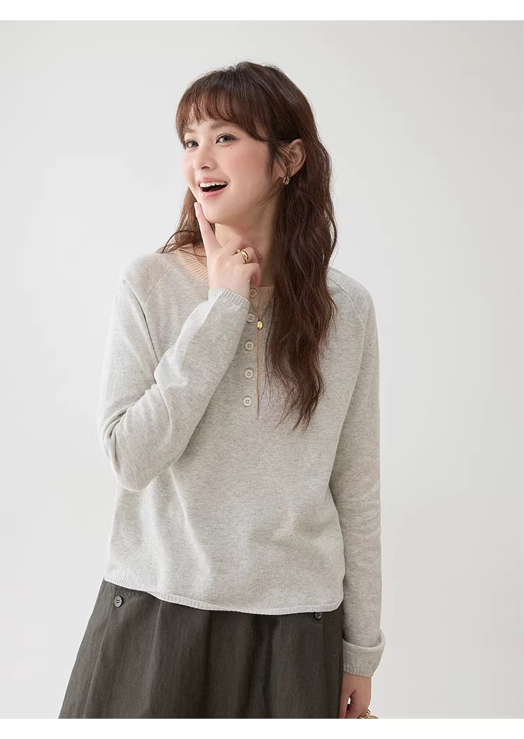撞色領半開扣純棉針織衫女春季新款簡約百搭上衣,撞色領半開扣純棉針織衫女春季新款簡約百搭上衣,HBFS1006,撞色領半開扣純棉針織衫女春季新款簡約百搭上衣,半開排扣,全棉面料