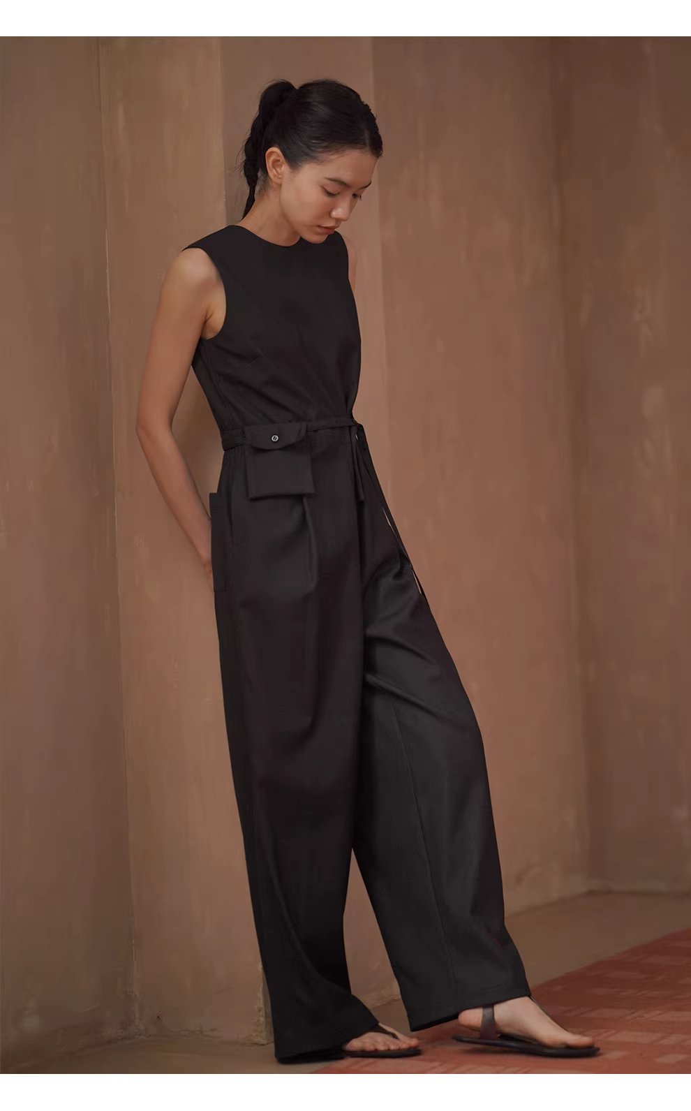 高級高智時髦無袖連身褲寬鬆顯瘦簡約立體口袋腰包長褲,高級高智時髦無袖連身褲寬鬆顯瘦簡約立體口袋腰包長褲,HBFS3012,高級高智時髦無袖連身褲寬鬆顯瘦簡約立體口袋腰包長褲,細膩啞光,調節腰帶