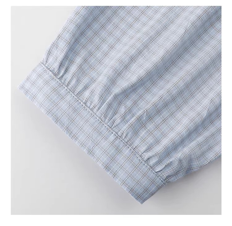 減齡八分袖純棉藍格襯衫女春新款寬鬆娃娃衫上衣,減齡八分袖純棉藍格襯衫女春新款寬鬆娃娃衫上衣,HBFS1039,減齡八分袖純棉藍格襯衫女春新款寬鬆娃娃衫上衣,清新格紋,全棉面料