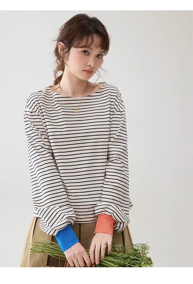 撞色條紋燈籠袖純棉T恤女春季新款寬鬆百搭上衣,撞色條紋燈籠袖純棉T恤女春季新款寬鬆百搭上衣,HBFS1042,撞色條紋燈籠袖純棉T恤女春季新款寬鬆百搭上衣,撞色拼接,全棉面料