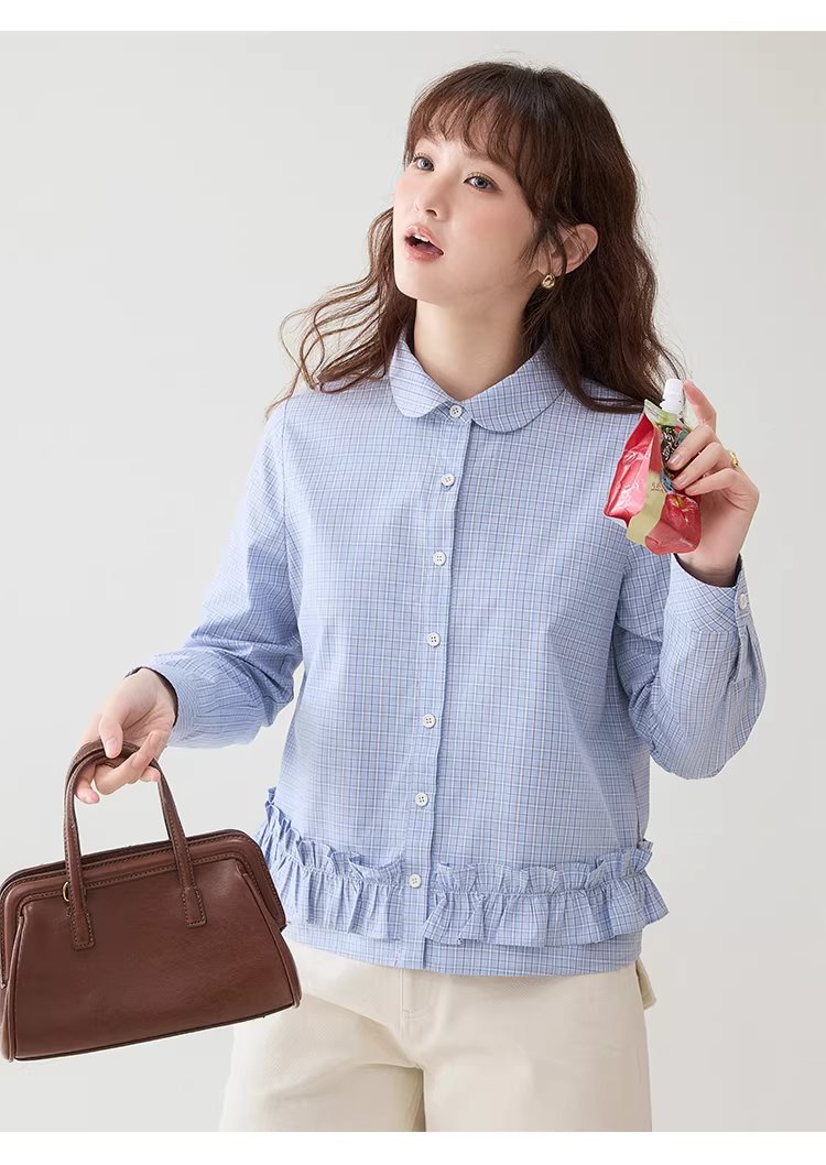 藍格荷葉邊娃娃領襯衫女春季新款純棉長袖短上衣,藍格荷葉邊娃娃領襯衫女春季新款純棉長袖短上衣,HBFS1049,藍格荷葉邊娃娃領襯衫女春季新款純棉長袖短上衣,荷葉衣襬,全棉面料