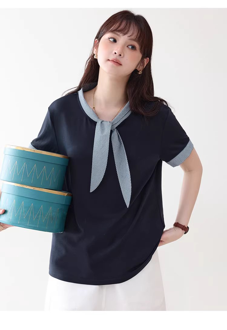 拼接格紋綁帶領短袖T恤女夏季新款時尚減齡上衣,拼接格紋綁帶領短袖T恤女夏季新款時尚減齡上衣,HBFS1053,拼接格紋綁帶領短袖T恤女夏季新款時尚減齡上衣,領結造型,舒適面料