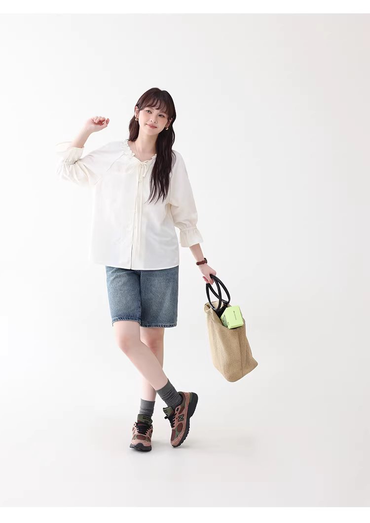 法式木耳邊綁帶V領襯衫女夏新款七分袖羈扣上衣,法式木耳邊綁帶V領襯衫女夏新款七分袖羈扣上衣,HBFS1055,法式木耳邊綁帶V領襯衫女夏新款七分袖羈扣上衣,法式甜美,木耳邊