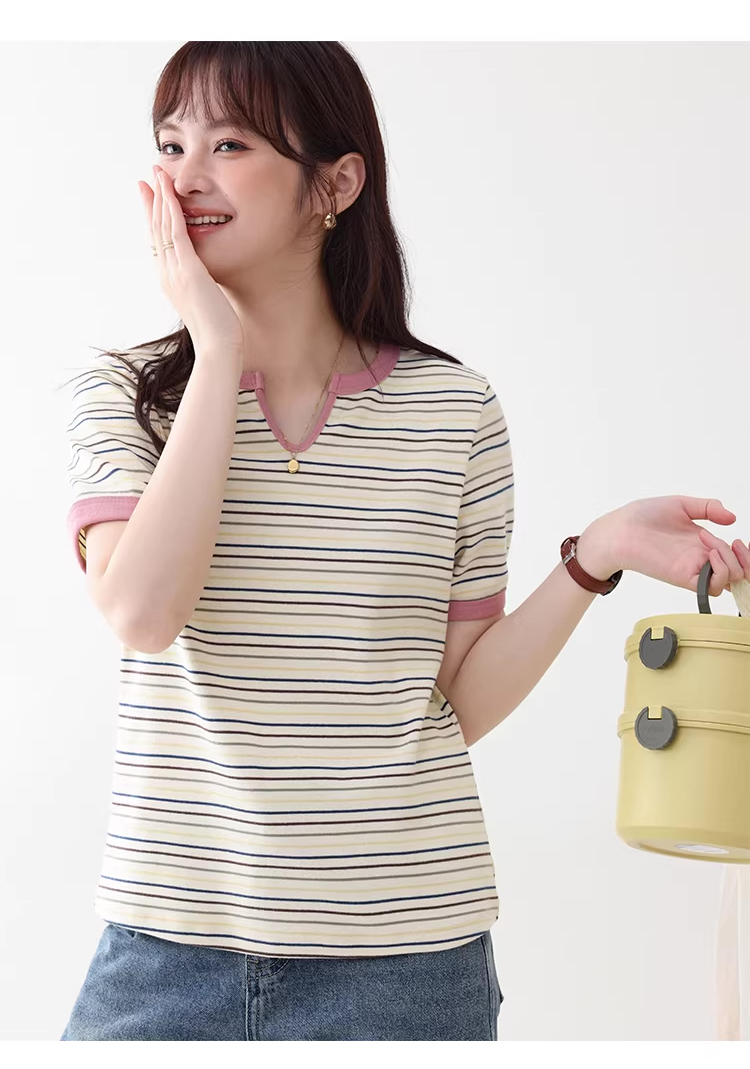 撞色圓V領彩色條紋T恤女26夏季新款減齡短袖上衣,撞色圓V領彩色條紋T恤女26夏季新款減齡短袖上衣,HBFS1082,撞色圓V領彩色條紋T恤女26夏季新款減齡短袖上衣,撞色橫紋,舒適面料