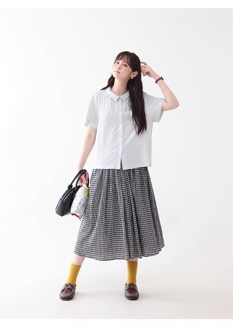 法式純色小翻領短袖襯衫女夏新款單排扣寬鬆上衣,法式純色小翻領短袖襯衫女夏新款單排扣寬鬆上衣,HBFS1086,法式純色小翻領短袖襯衫女夏新款單排扣寬鬆上衣,法式甜美,天絲100%
