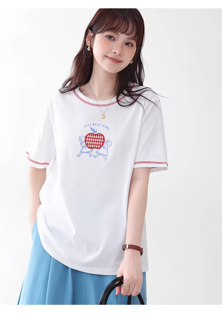 卡通刺繡反線純棉短袖T恤女夏新款少女感寬鬆上衣,卡通刺繡反線純棉短袖T恤女夏新款少女感寬鬆上衣,HBFS1091,卡通刺繡反線純棉短袖T恤女夏新款少女感寬鬆上衣,童趣刺繡,全棉面料