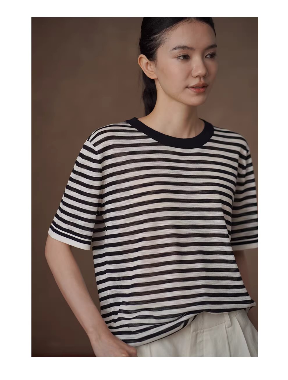 長期極簡主義條紋寬鬆短袖1/32支竹節麻輕薄針織上衣女,長期極簡主義條紋寬鬆短袖1/32支竹節麻輕薄針織上衣女,HBFS1094,長期極簡主義條紋寬鬆短袖1/32支竹節麻輕薄針織上衣女,清爽舒適,寬鬆百搭