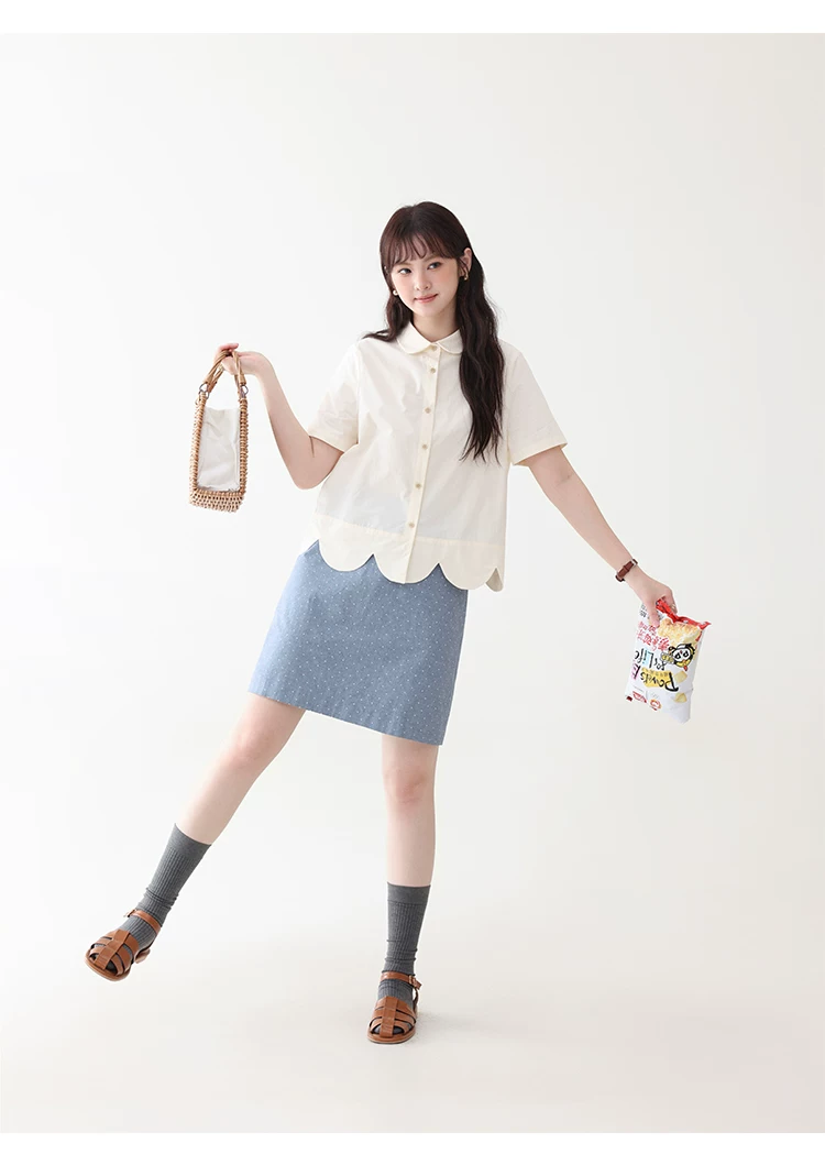 設計感波浪下擺純棉襯衫女夏新款減齡娃娃領上衣,設計感波浪下擺純棉襯衫女夏新款減齡娃娃領上衣,HBFS1112,設計感波浪下擺純棉襯衫女夏新款減齡娃娃領上衣,花邊衣襬,全棉面料