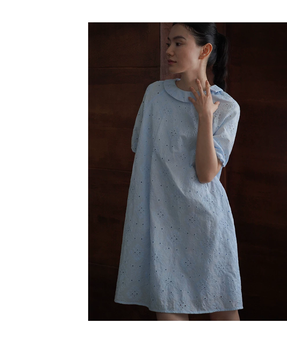 重工鏤空立體浮雕刺繡高支100棉翻領寬鬆直筒顯瘦洋裝,重工鏤空立體浮雕刺繡高支100棉翻領寬鬆直筒顯瘦洋裝,HBFS7084,重工鏤空立體浮雕刺繡高支100棉翻領寬鬆直筒顯瘦洋裝,簍空刺繡,泡泡袖