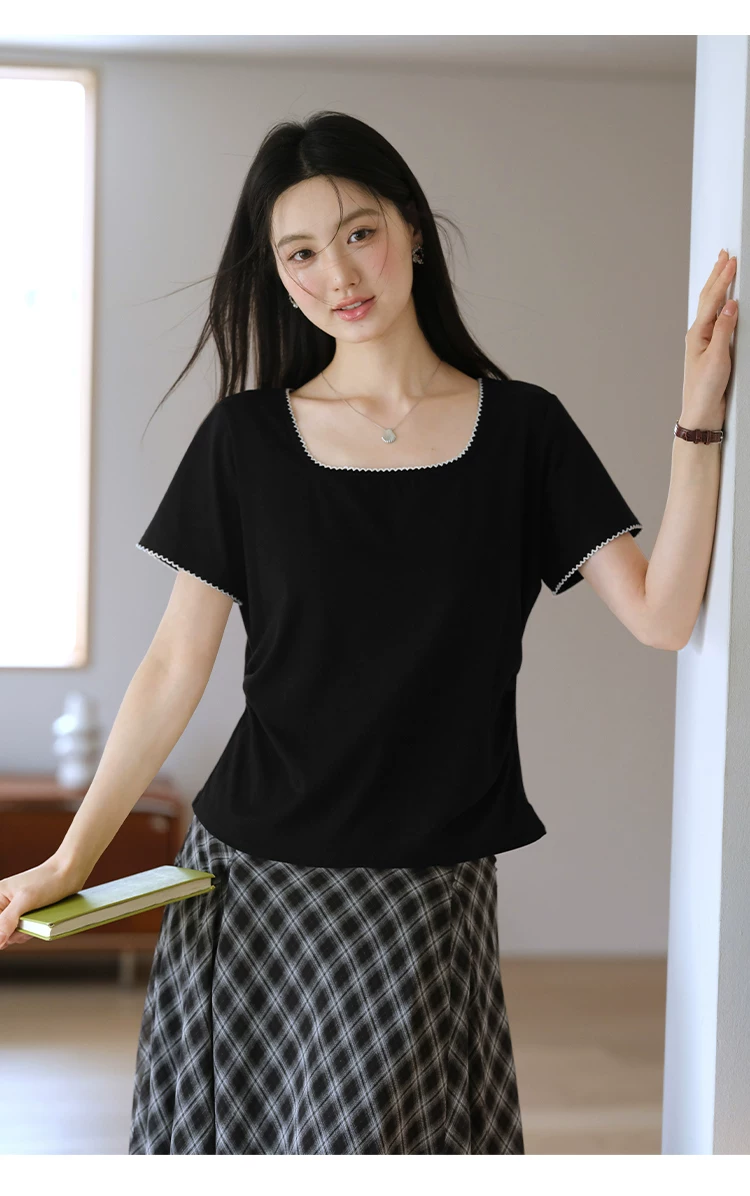 胖mm大尺碼女裝方領正肩短袖T恤女2026新款夏季法式黑色上衣,胖mm大尺碼女裝方領正肩短袖T恤女2026新款夏季法式黑色上衣,HBFS1167,胖mm大尺碼女裝方領正肩短袖T恤女2026新款夏季法式黑色上衣,方領設計,撞色拼接