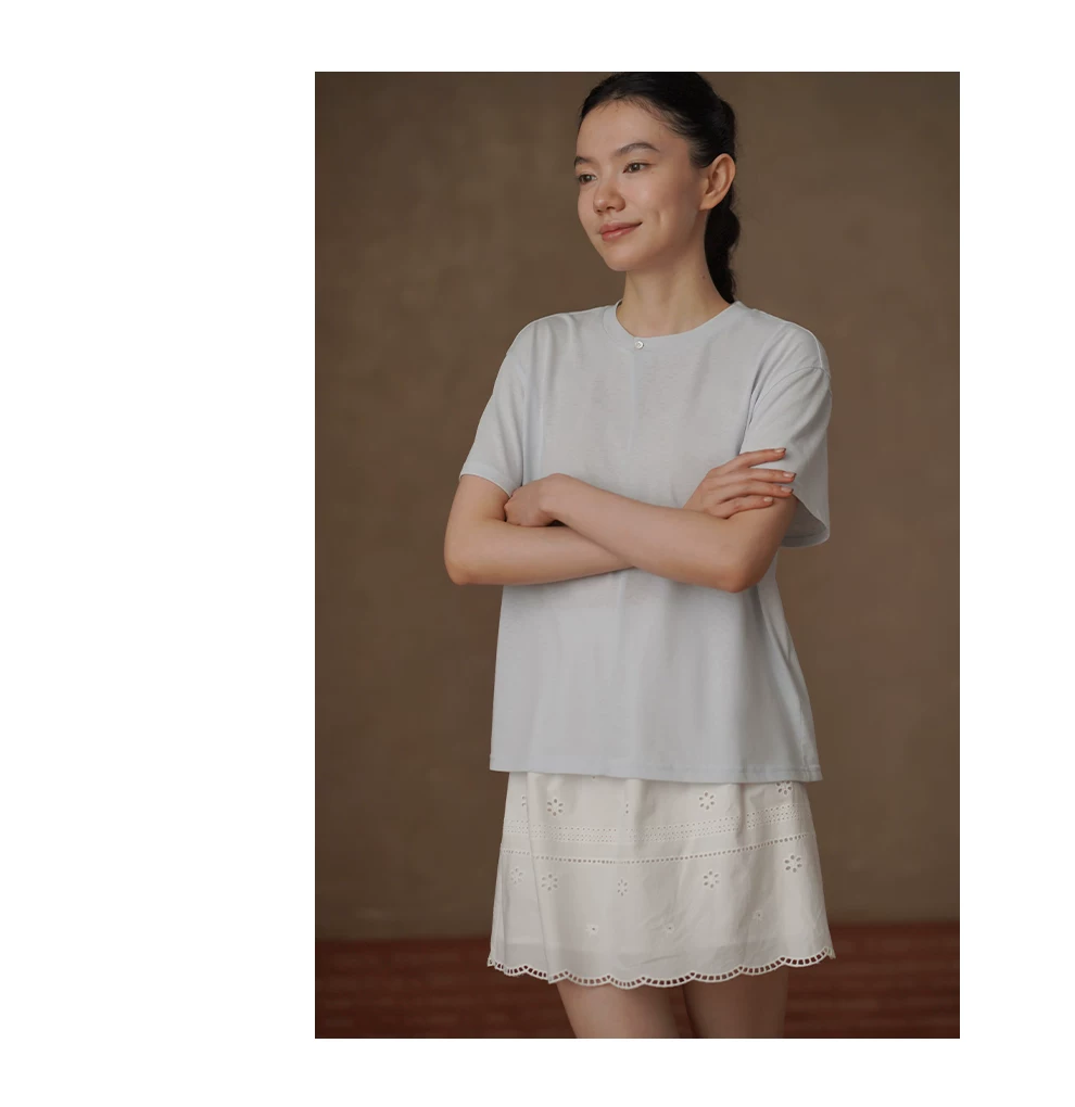 清透氣質藍上衣圓領斜門襟設計寬鬆顯瘦短袖亞麻棉T恤女,清透氣質藍上衣圓領斜門襟設計寬鬆顯瘦短袖亞麻棉T恤女,HBFS1211,清透氣質藍上衣圓領斜門襟設計寬鬆顯瘦短袖亞麻棉T恤女,單釦點綴,寬鬆落肩