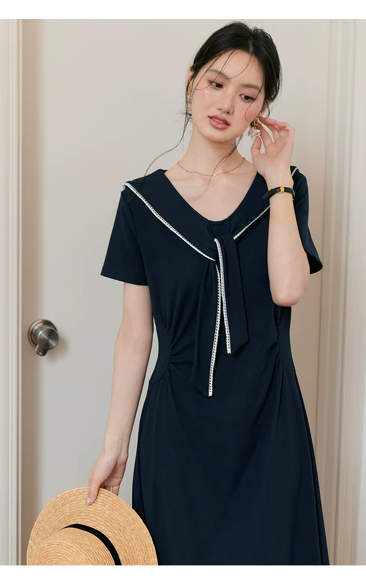 大尺碼夏日巨好看短袖海軍領洋裝女2026年新款綁帶法式長裙,大尺碼夏日巨好看短袖海軍領洋裝女2026年新款綁帶法式長裙,HBFS7117,大尺碼夏日巨好看短袖海軍領洋裝女2026年新款綁帶法式長裙,中大尺碼,海軍領