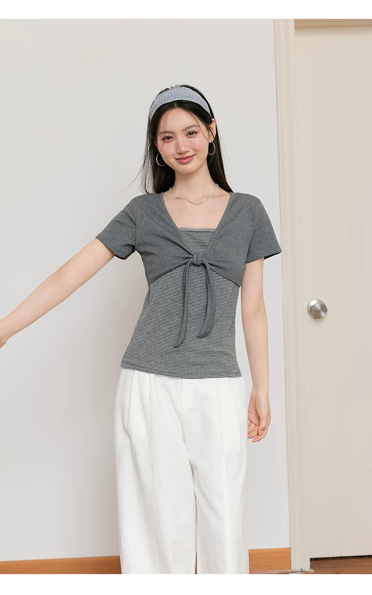 大尺碼假兩件綁帶條紋T恤女2026新款夏季正肩灰色短袖上衣女,大尺碼假兩件綁帶條紋T恤女2026新款夏季正肩灰色短袖上衣女,HBFS1218,大尺碼假兩件綁帶條紋T恤女2026新款夏季正肩灰色短袖上衣女,中大尺碼,綁帶造型