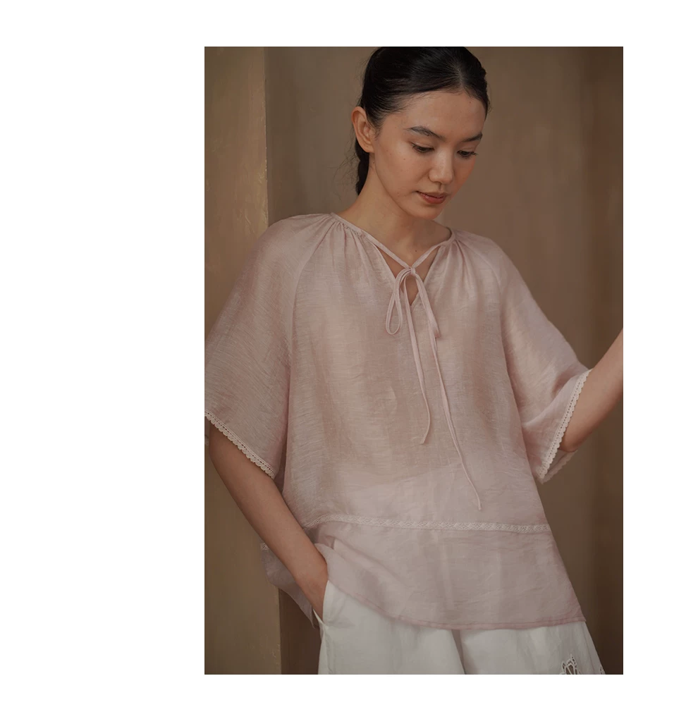 冷萃月光石亞麻混紡清透花邊拼接氛圍感寬鬆顯瘦襯衫女,冷萃月光石亞麻混紡清透花邊拼接氛圍感寬鬆顯瘦襯衫女,HBFS1344,冷萃月光石亞麻混紡清透花邊拼接氛圍感寬鬆顯瘦襯衫女,領口繫帶,花邊拼接