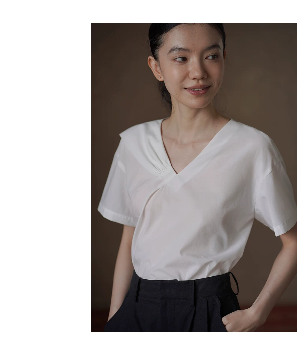 法式萊賽爾棉混紡簡約立體扭褶V領寬鬆顯瘦短袖通勤襯衫,法式萊賽爾棉混紡簡約立體扭褶V領寬鬆顯瘦短袖通勤襯衫,HBFS1388,法式萊賽爾棉混紡簡約立體扭褶V領寬鬆顯瘦短袖通勤襯衫,扭褶V領,法式風格