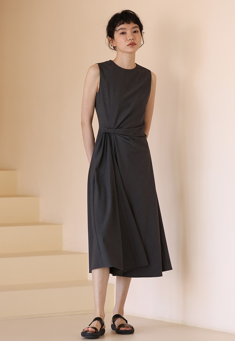 氣質女主高腰線扭結通勤瘦身遮肉連身裙洋裝,長洋裝,洋裝,無袖,輕甜,高雅