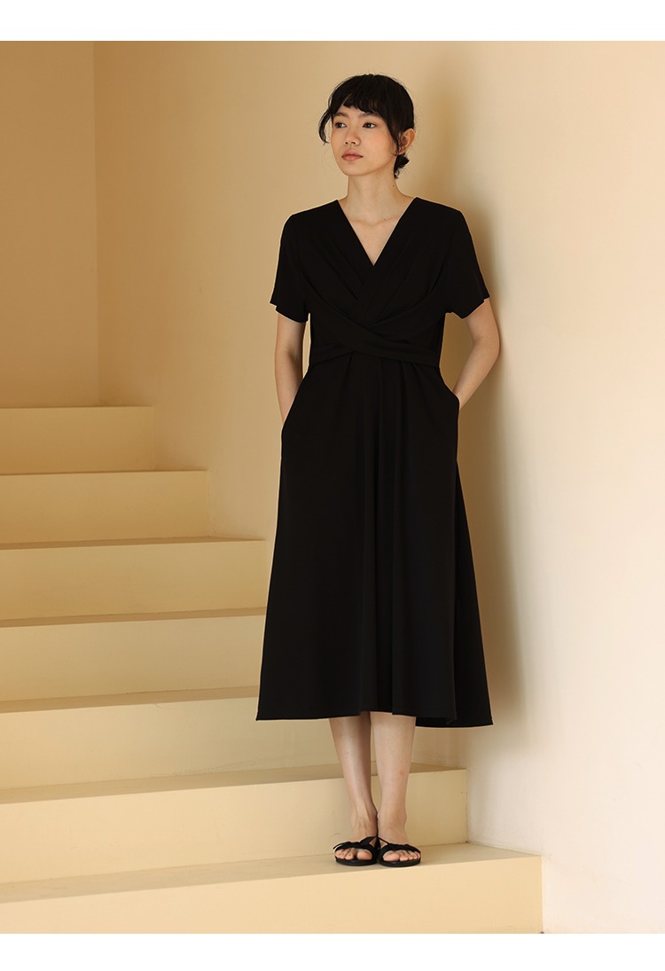 巴黎神女纏繞式彈力收腰好比例顯瘦V領連身裙洋裝,性感,時尚,清新,浪漫,洋裝