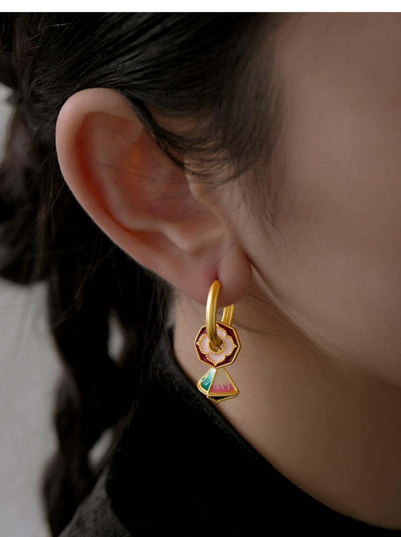 彩繪四葉耳圈耳環女輕奢高級感新品中式沙畫幾何燈籠耳環飾品