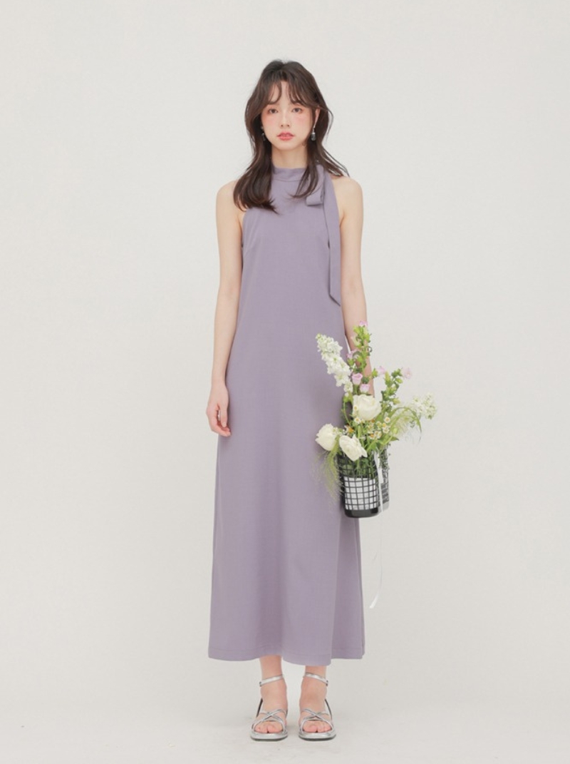 法式極簡風無袖掛脖背心裙女夏季遮肚子顯瘦紫色連身裙洋裝