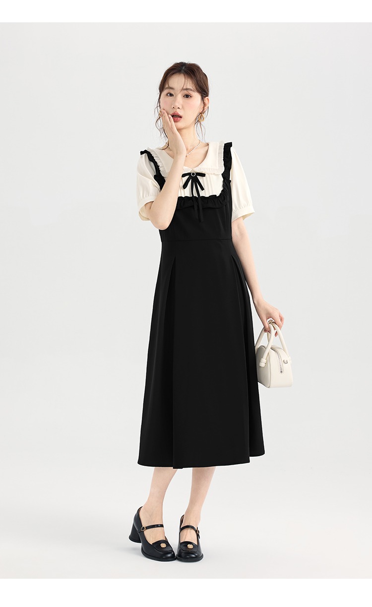大尺碼襯衫拼接假兩件洋裝夏季女裝新品法式桔梗小黑裙連身裙