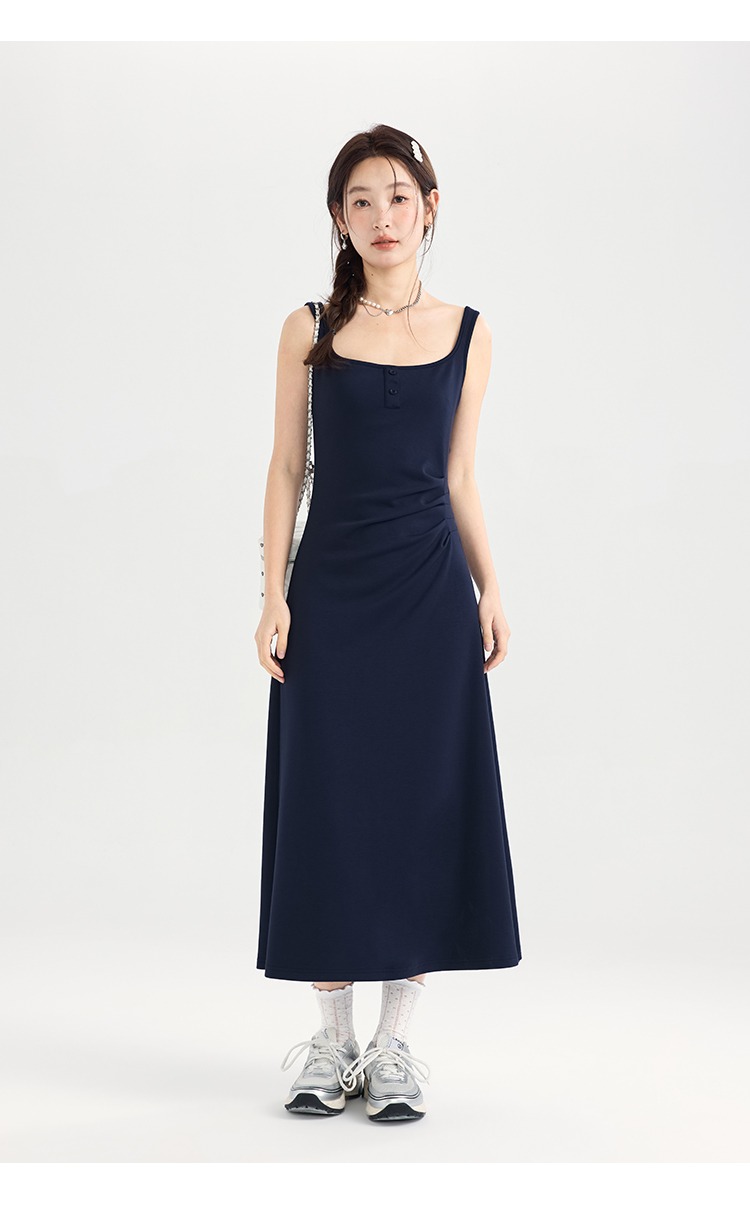 法式藍色吊帶裙新品女外穿背心裙顯瘦腰部抽褶連身裙