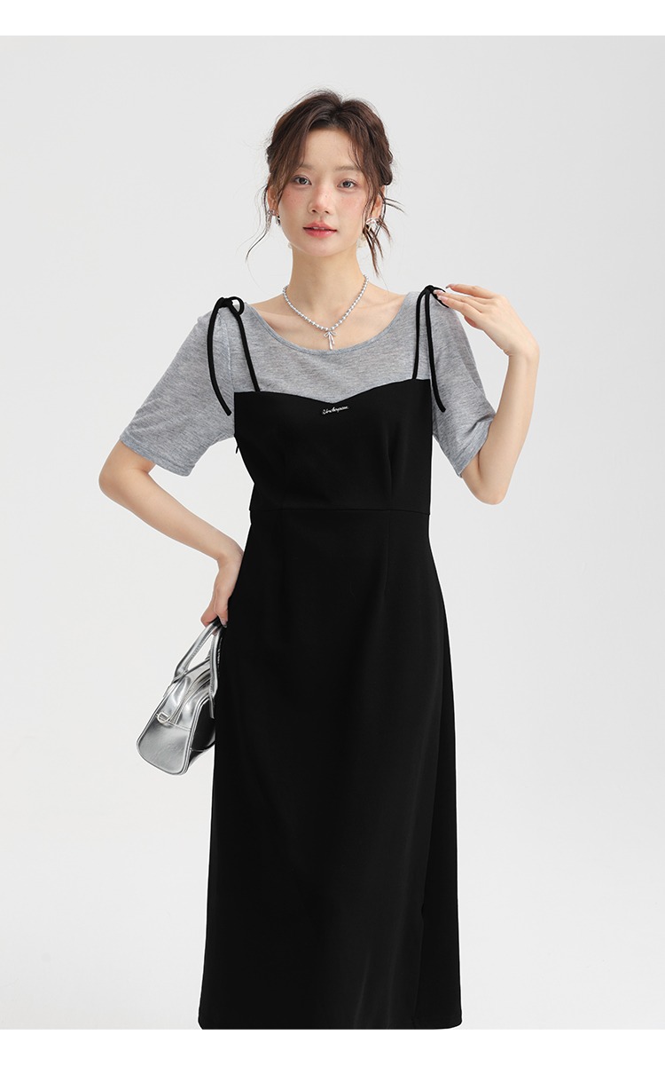 大尺碼小眾設計假兩件洋裝新品女胖mm高腰黑色長裙連身裙