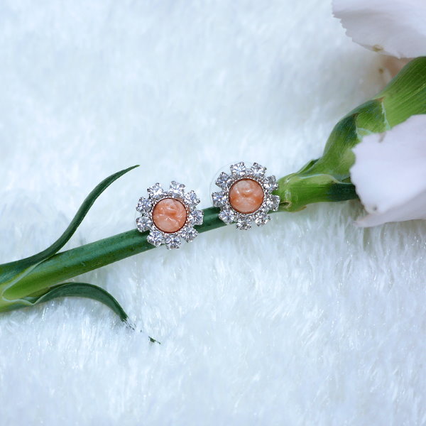 《聖宏》珊瑚玫瑰花晶鑽耳環