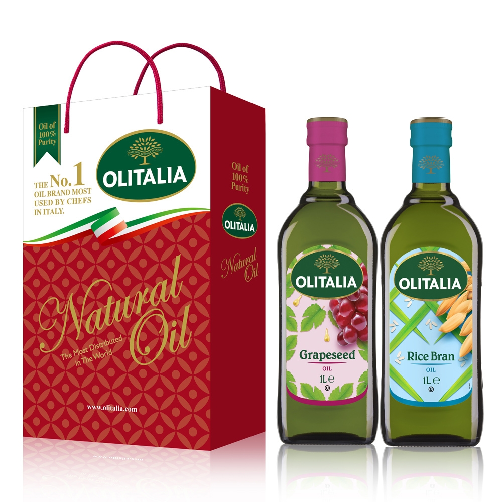 《Olitalia奧利塔》葡萄籽油+玄米油禮盒組(1000ml/瓶，共2瓶)
