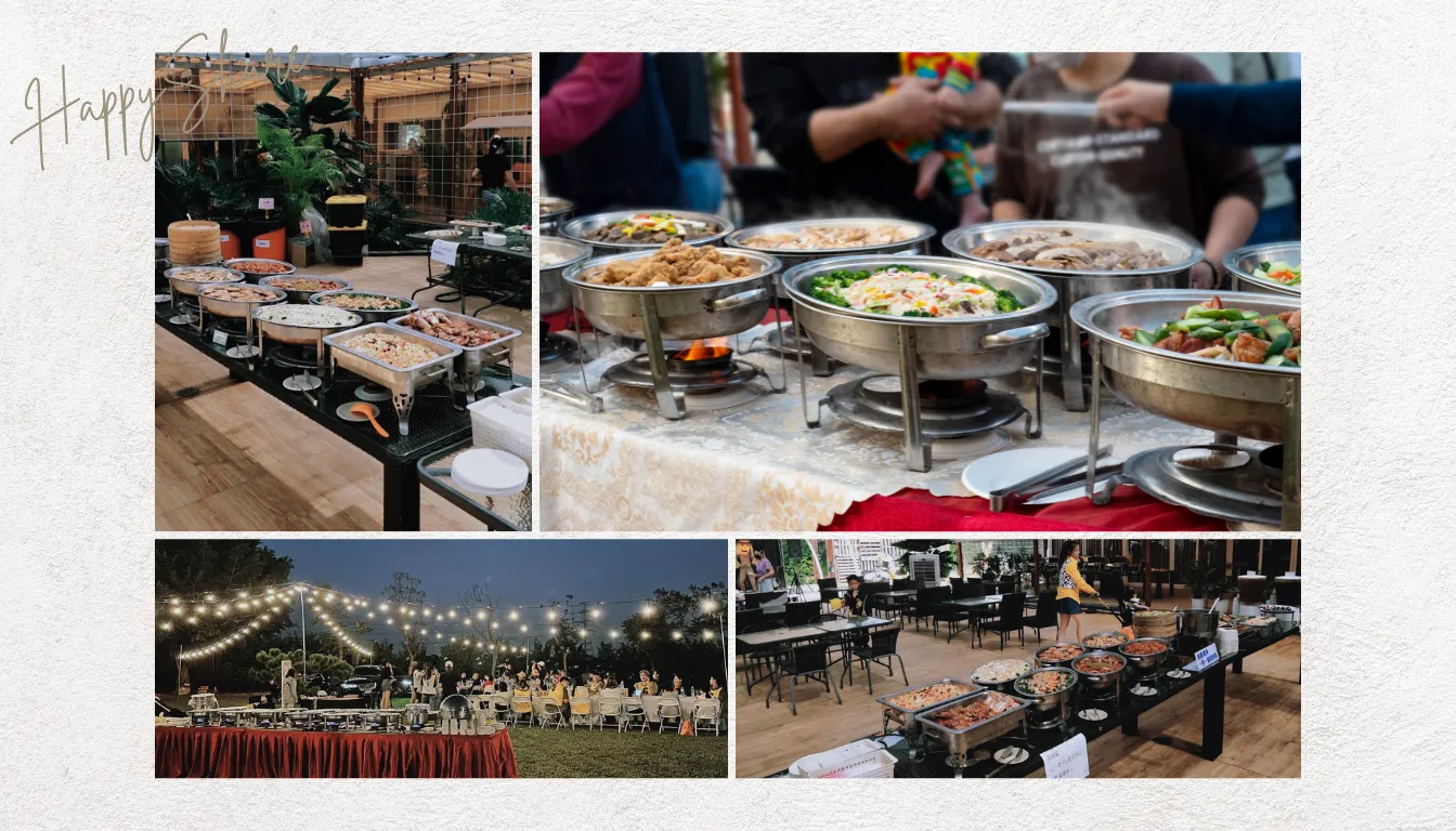 哈比雪兒餐爐buffet,不鏽鋼餐爐上擺著各式美味的菜餚,各種場景皆適用