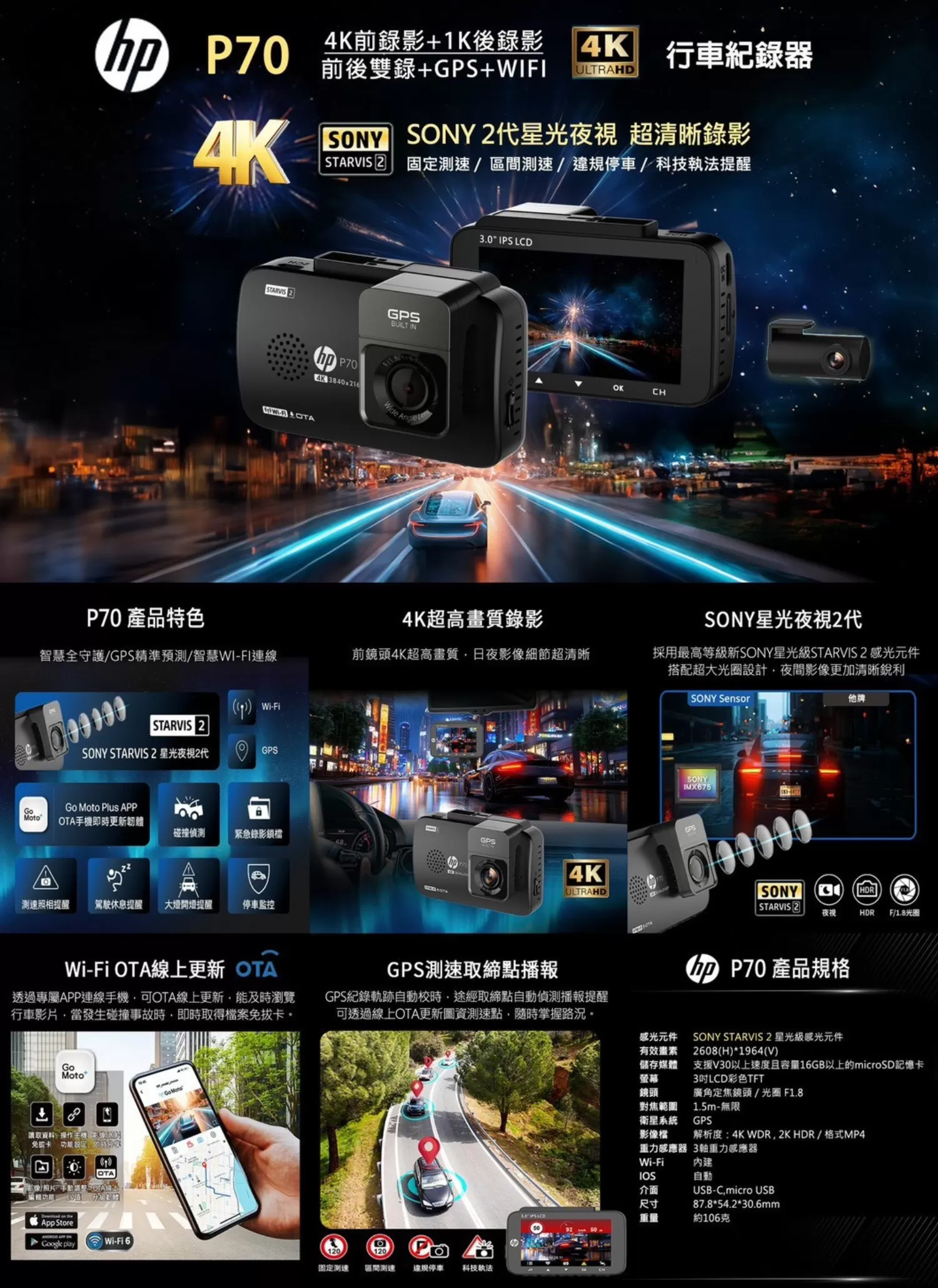 HP 惠普 P70 SONY Starvis2 前4K+後1K 雙錄+測速+WIFI+OTA更新,P70,HP惠普P70SONYStarvis2前4K+後1K雙錄+測速+WIFI+OTA更新,商品特點,行車紀錄器,前後雙錄影