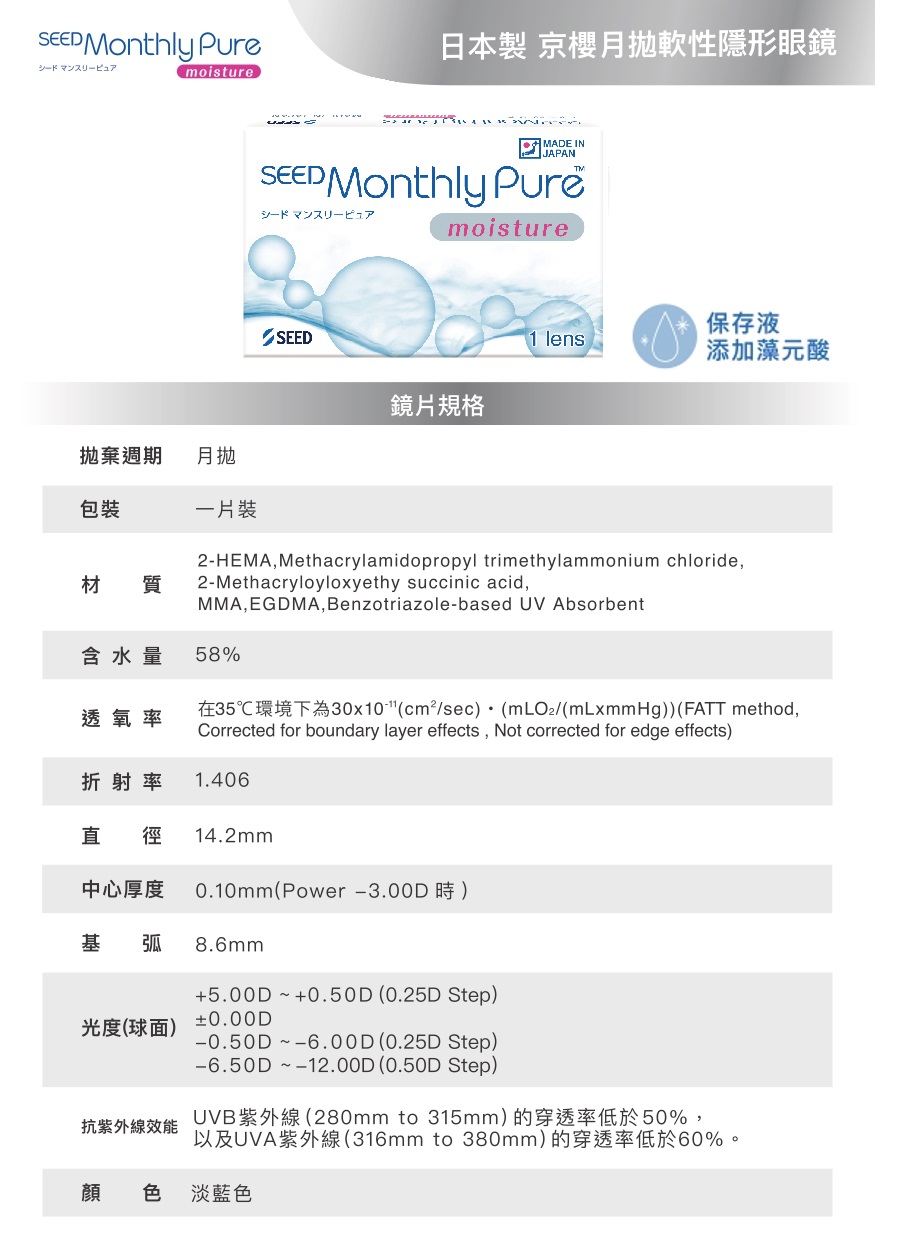 SEED實瞳,透明月拋,1片裝,日本製,隱形眼鏡