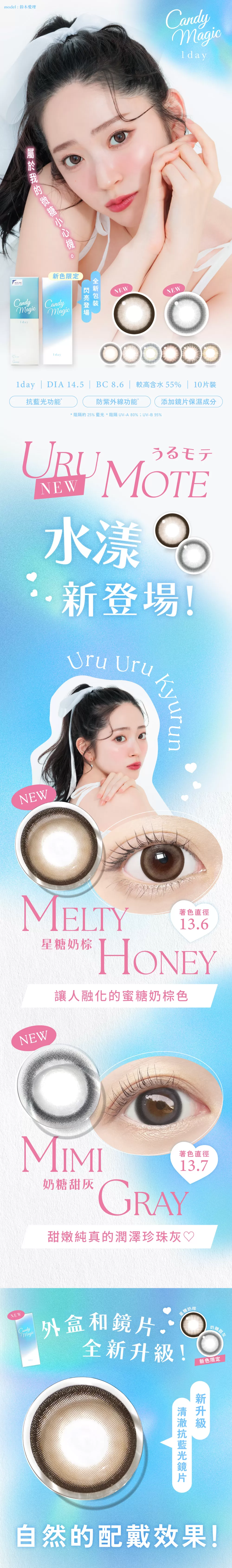Candy Magic濾藍光彩色日拋10片裝Mimi Gray-奶糖甜灰,鈴木愛理,鎖邊隱形眼鏡,隱眼,隱形眼鏡,高含水量