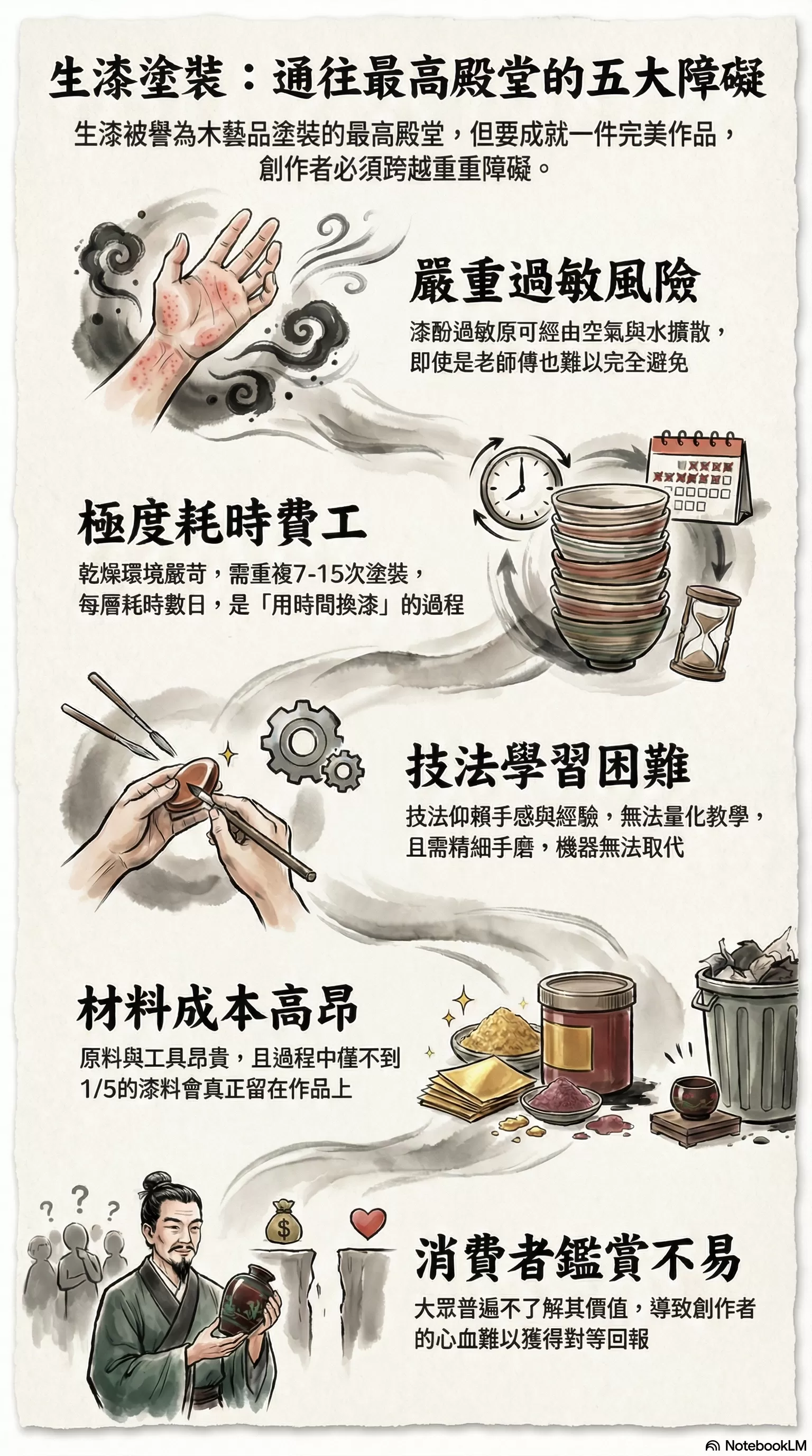  木藝品塗裝最高殿堂：強調生漆的至高價值。 • 生漆五大障礙：暗示其稀有性、技術難度、成本及時間付出（如：過敏、技術、成本、時間與效率、鑑賞障礙）。 • 原木筆、餐具、聚寶盆：主要的產品分類。 • 收藏鑑賞：提高產品價值感，並提到「鑑賞障礙」的概念。