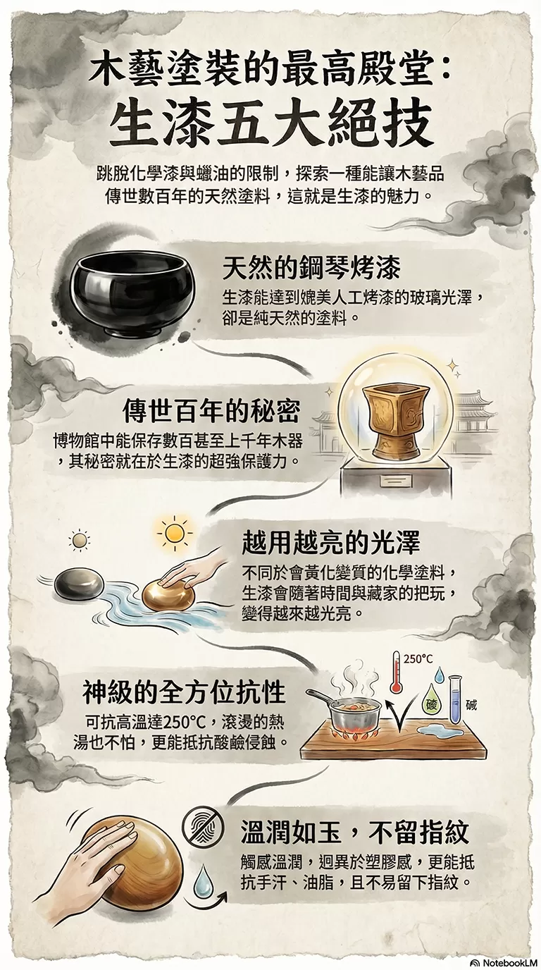 生漆被譽為木藝品表面塗裝的最高殿堂。這種天然漆賦予物件不輸鋼琴烤漆的光澤度與數百年傳世的耐久度。它抗熱（達 250 度）、抗酸鹼，且會越把玩越亮，具有神奇的溫潤觸感。