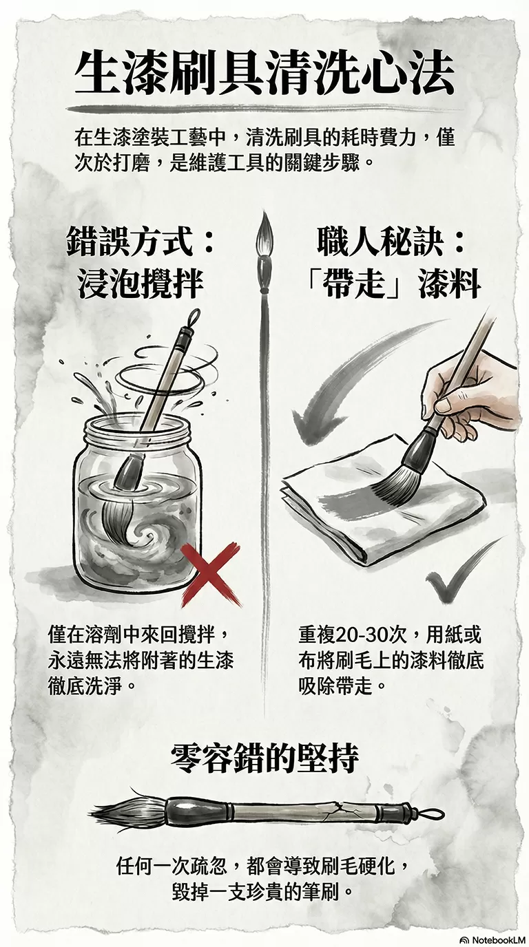 生漆塗裝過程中，除了打磨外，清洗刷具最耗心力。須用兩種油清洗，重複20-30次。**關鍵是「帶走」，用布或紙將漆吸掉，非攪拌於盆中。**不然筆毛隔幾天會硬掉。